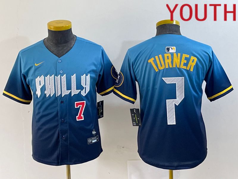 Youth Philadelphia Phillies 7 Turner Blue City Edition Nike 2024 MLB Jersey style 2